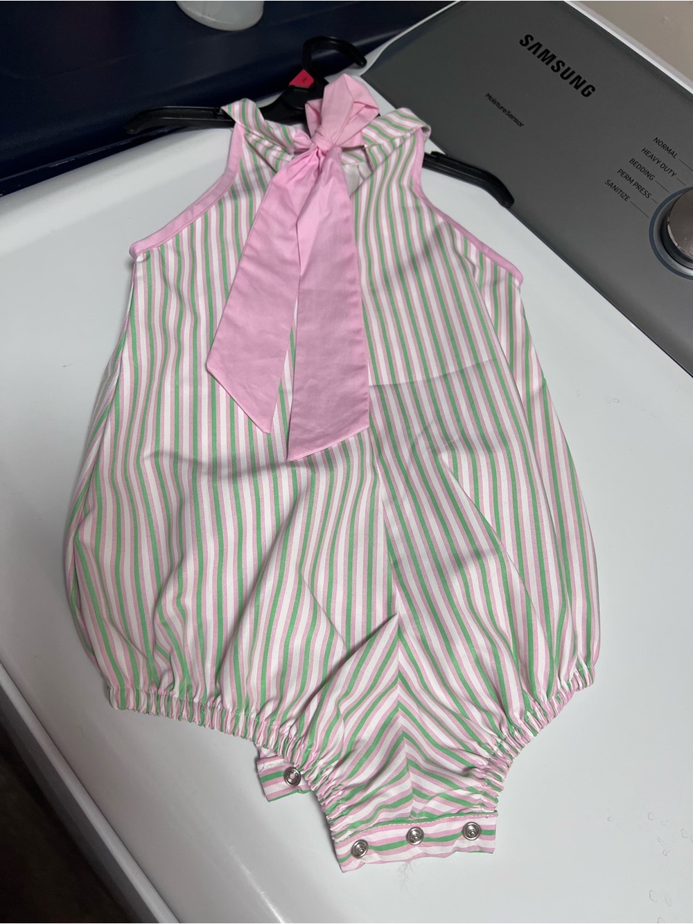 The Oaks Apparel Company Pink & Green Striped Baby Romper with Pink Bow